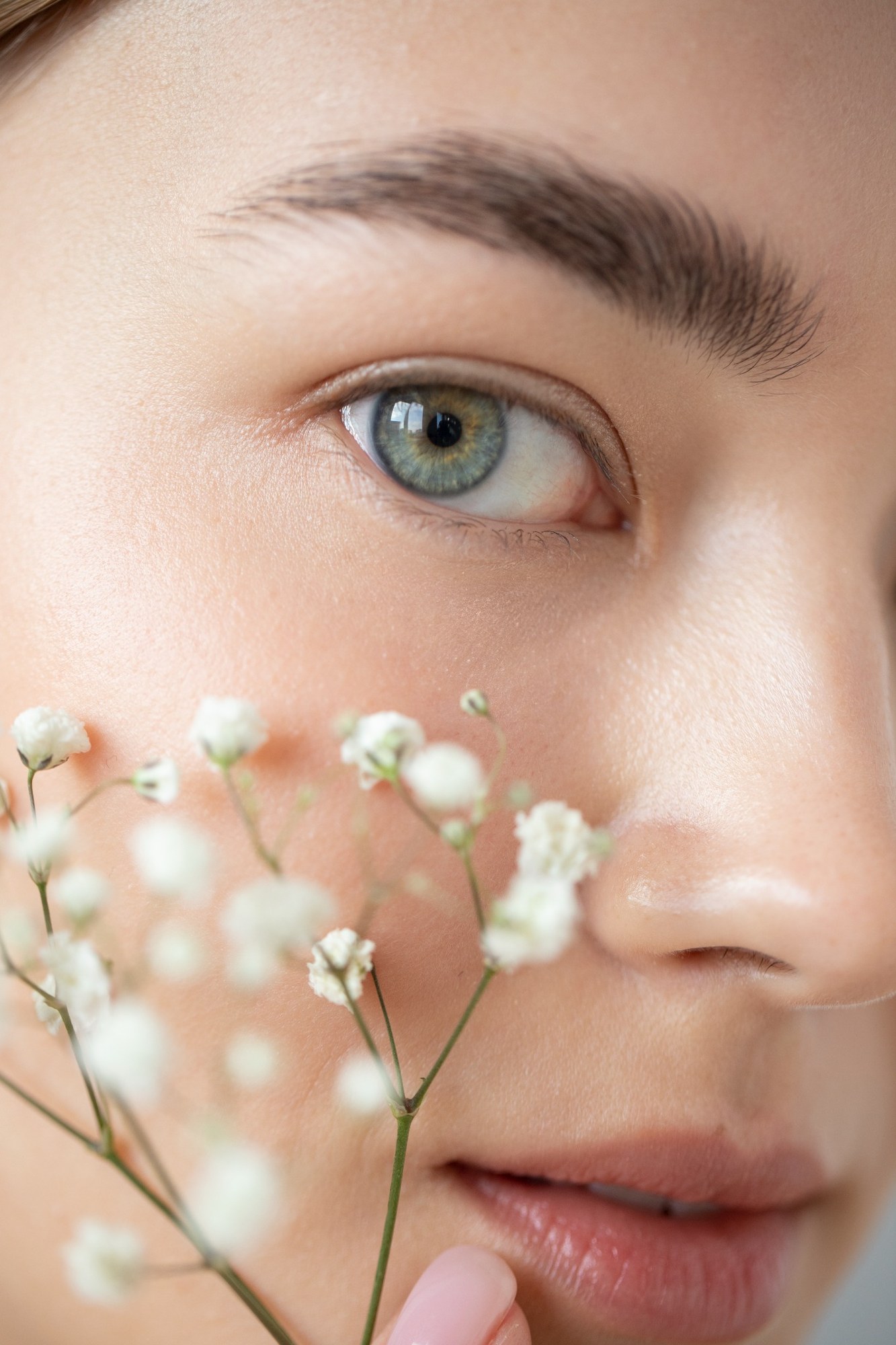 Portrait beautiful woman with clear skin posing with baby s breath flowers 2000px