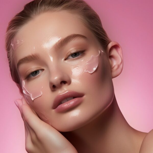 Woman using pink beauty product her face 2000px 600x600