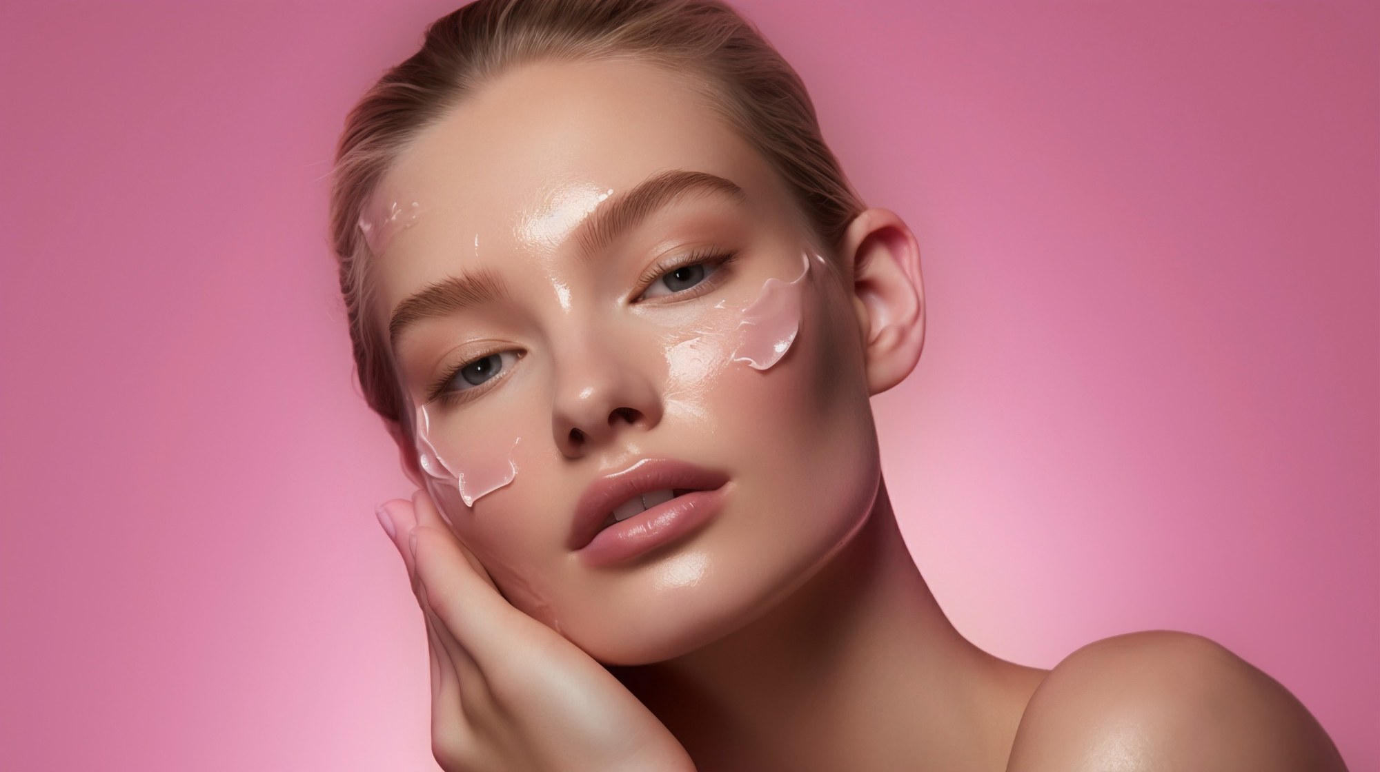 Woman using pink beauty product her face 2000px